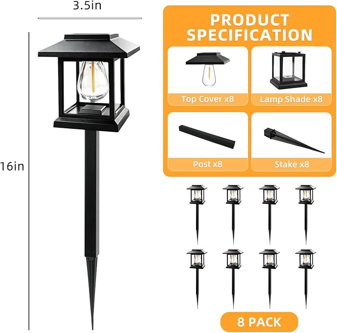 Solar Pathway Lights 8-Pack for for Yard Walkways | IP65 waterproof solar landscape lights. High-efficiency panels provide auto dusk-to-dawn glow for yard and driveway security