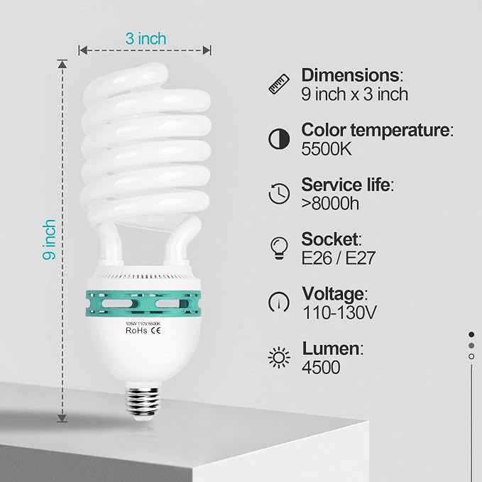 EMART Full Spectrum Light Bulb, 105W CFL Light Bulbs for Photography 1Pack | 5500K E26/E27 Spiral Light Bulbs for Softbox Lighting Kit, Replacement Lamp for Video Studio, Household Use, Portrait Photo