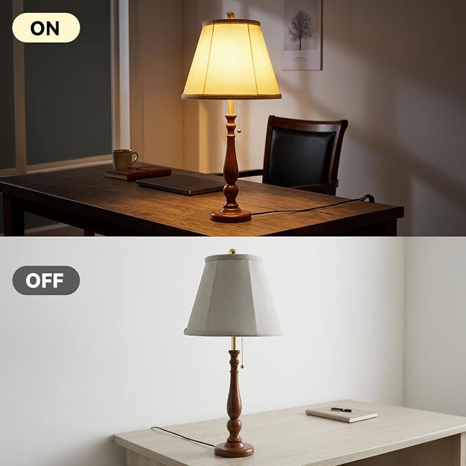 LALISU Farmhouse Table Lamps Rustic Bedroom Lamps for Living Room, 24.41" Boho Bedside Lamp with Chain Switch for Night Stands End Table Office Desk Lamp Nightstand with Linen Shades (Walnut)