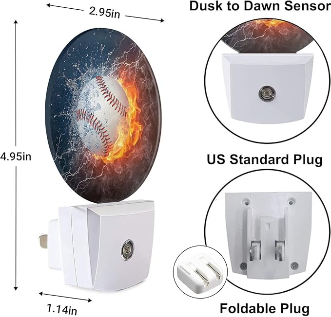 Sport Night Lights Plug into Wall Baseball Ball in Fire and Water Night Light Dusk to Dawn Sensor LED Lighting for Bedroom Bathroom Living Room, 0.5W Sleep Friendly