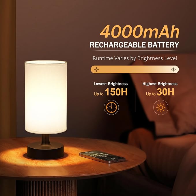 Kakanuo Cordless Table Lamp Rechargeable Small - 1 Pack White Black, 4000mAh Battery Operated Lamp with Touch Control Stepless Dimming, Wireless Lamp for Bedside, Nightstand, Bedroom, Living Room
