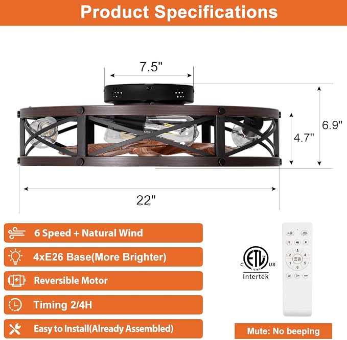 SHLUCE 22" Fandelier Caged Ceiling Fan with Light, Rustic Low Profile Bladeless Ceiling Fans with Lights and Remote, Farmhouse Flush Mount Ceiling Fan with Light for Kitchen, Bedroom, Brown - ETL
