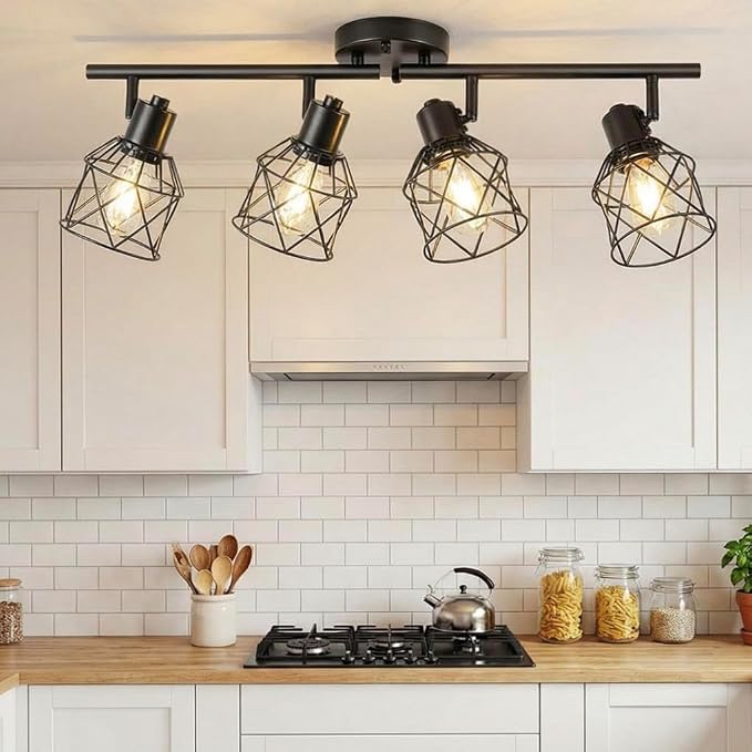 4-Lights Semi Flush Mount Ceiling Light, Adjustable Multi-Directional Track Lighting Fixtures, Rotatable Farmhouse Light Fixtures Mount with Metal Cage for Kitchen, Dining Room, Living Room