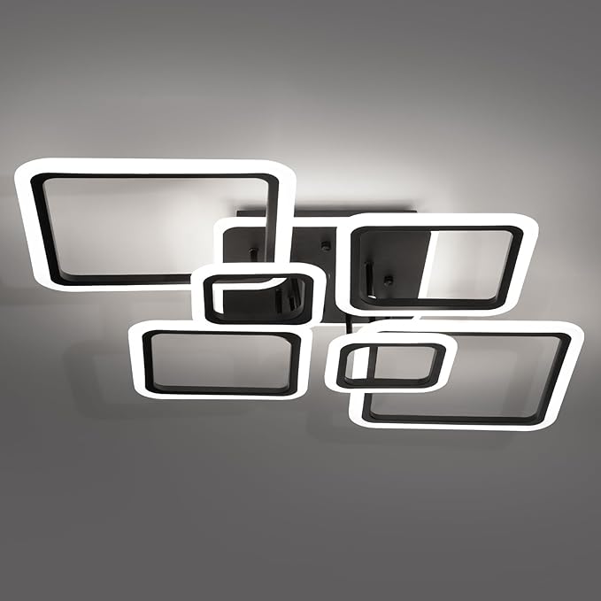 Modern Ceiling Light, 36.2'' LED Dimmable Acrylic Square 6+1 Rings Ceiling Lights with Remote, Black Flush Mount Ceiling Light Fixture for Low Ceiling Bedroom Living Room Dining Room, 130W