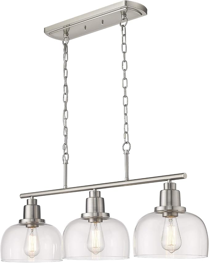 EAPUDUN 3-Light Kitchen Island Light, Farmhouse Pendant Lighting for Dining Room Pool Table Ceiling Light, Brushed Nickel Finish with Clear Glass, PDA1125-BNK