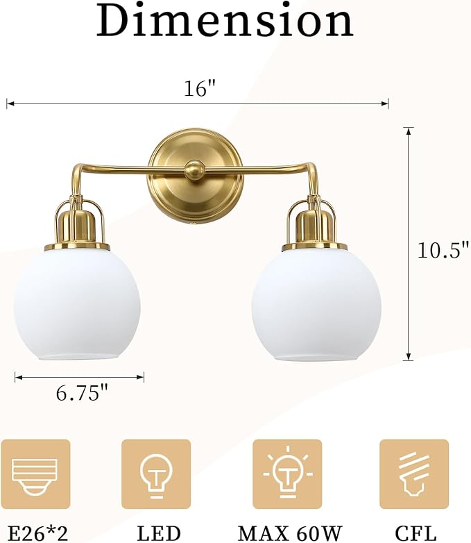 16" Bathroom Vanity Light, 2-Light Brushed Gold Vanity Lighting Fixture Over Mirror,Modern Wall Mount with Milk White Globe Glass Shade .16" L x 6.75" W x 10.5" H .BD045-2-G