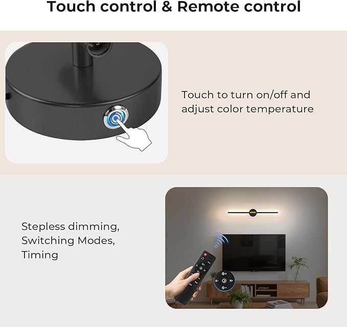 28.3" Battery Operated Wall Sconces Set of 2, 360°Rotation Rechargeable Wall Lights with Remote Control, 3000K-6500K LED Detachable Wall Lamp for Bedroom, Hallway, Black Gold