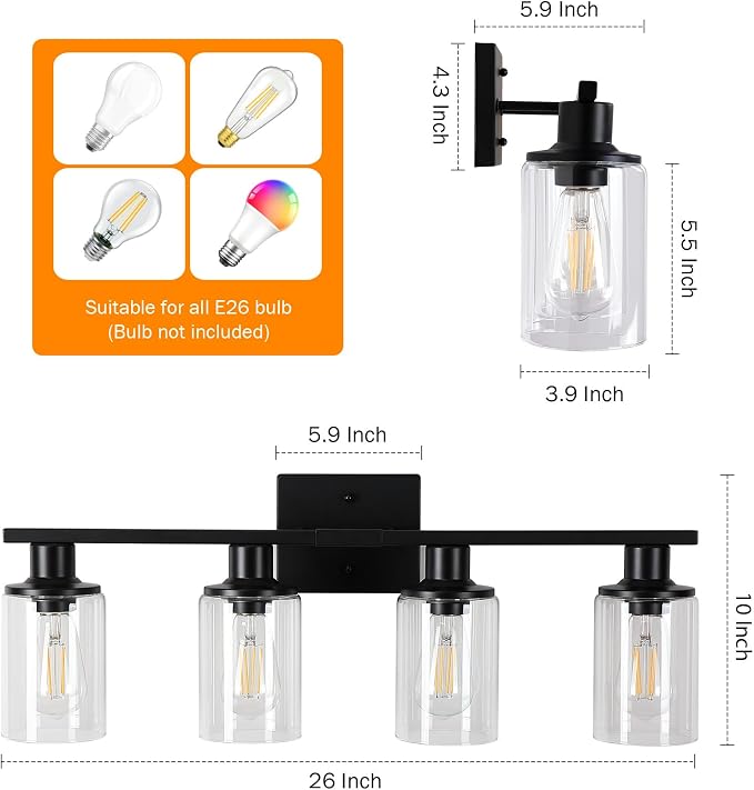 Matte Black Bathroom Light Fixtures Over Mirror,4-Light Bathroom Vanity Light with Clear Glass Shade,Modern Farmhouse Wall Sconces Lighting for Mirror Kitchen Living Room Cabinet