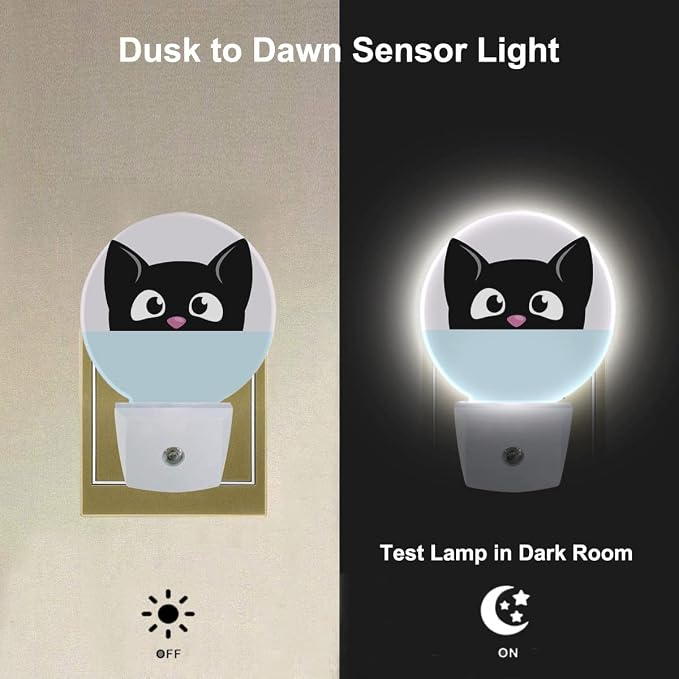 Cat Lamp Cartoon Black Cat Big Eyes Cute Kitten Animal Plug-in Night Lights with Dusk-to-Dawn Sensor for Bedroom, Bathroom and Living Room 0.5W Sleep Friendly for Women/Girls/Boys