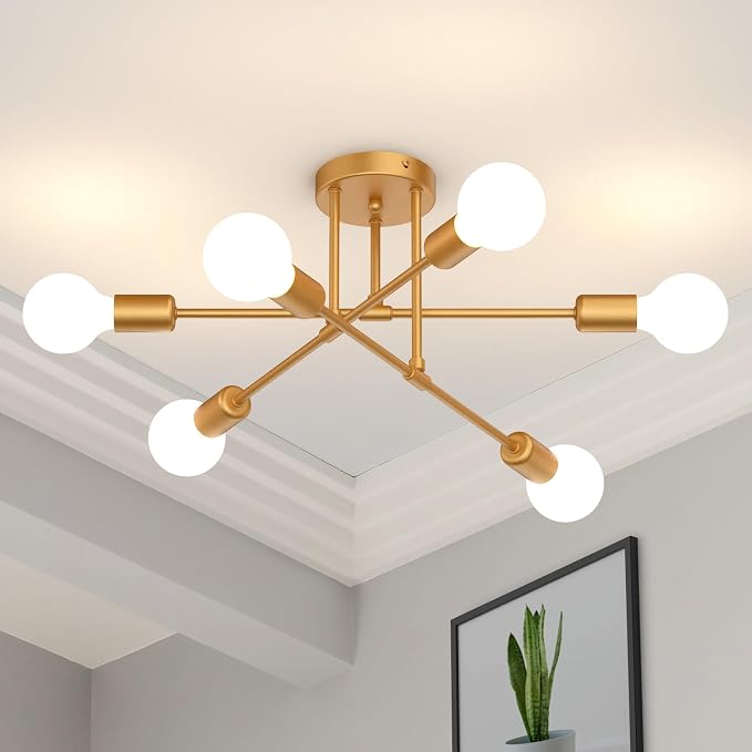 Modern Sputnik Chandelier, 6-Light 22" Semi Flush Mount Ceiling Light Fixture, Mid Century Industrial Chandelier Lighting for Dining Room, Bedroom, Living Room