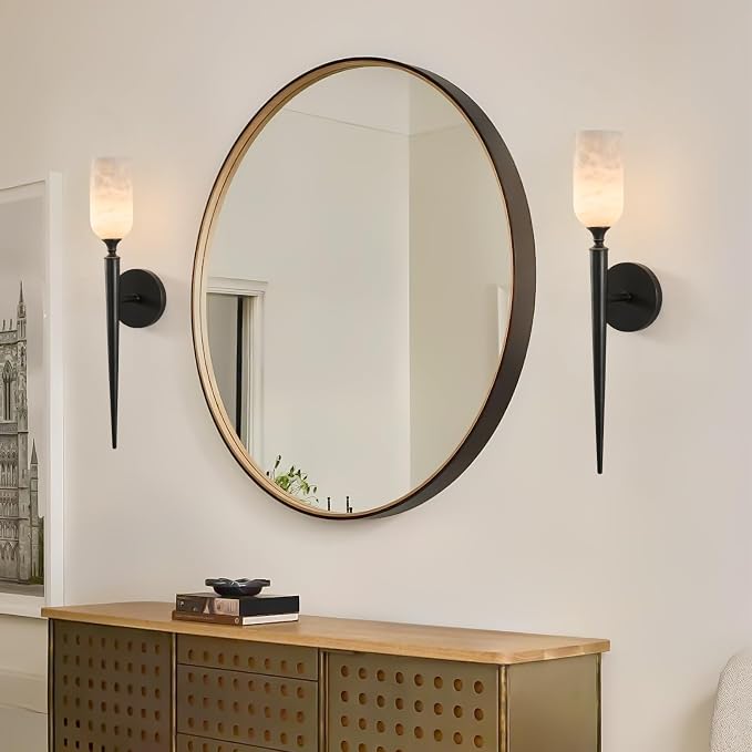 21.6" Alabaster Wall Sconce, Antique Oil Rubbed Bronze Black Brass | Natural Spanish Alabaster, Handcrafted Solid Brass, Refined Material Pairing, Unique Marble Veining, Classic Vintage Style