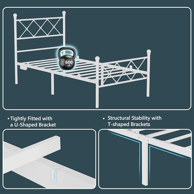 VINGLI Twin Bed Frame with LED Lights & Charging Station, Metal Platform Bed Frame with Headboard, USB Ports, Under Bed Storage, Noise Free, No Box Spring Needed, Easy Assembly, White
