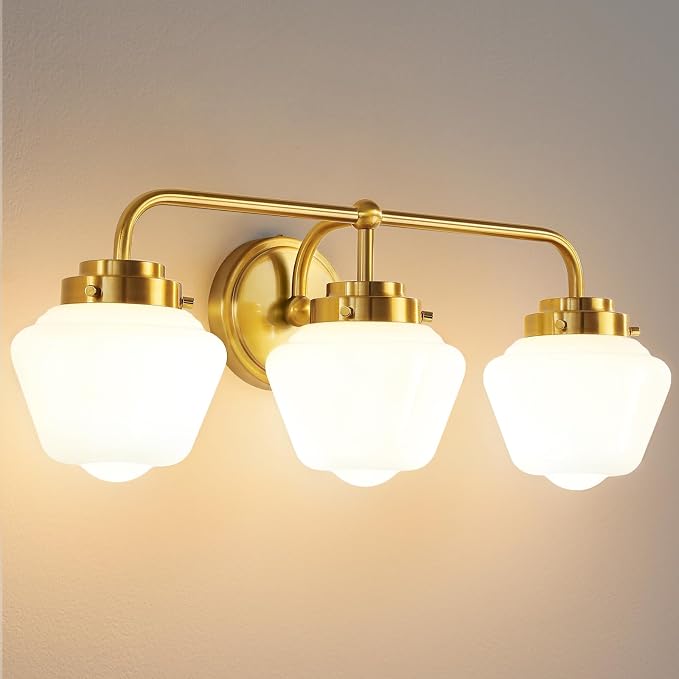 RUIYEY Bathroom Vanity Light Fixtures: 3-Lights Gold Vanity Lights Over Mirror, 17 Inch E26 60W Modern Bathroom Lighting Fixture with Milky White Glass for Bath Restroom