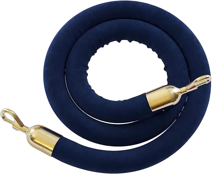 Montour Line Velvet Hanging Stanchion Rope Foam Core, 6 Foot Dark Blue Rope with Polished Brass Snap Ends