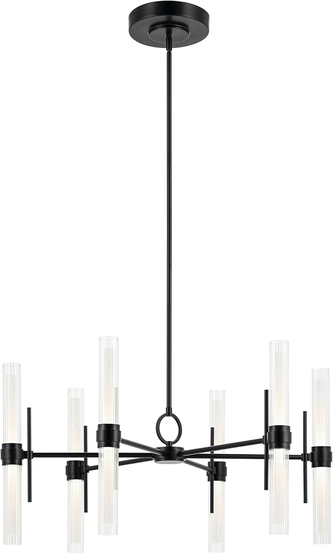 Kichler Riven LED 12-Light Chandelier with Clear Fluted Glass in Black, Sloped Ceiling Compatible, for Kitchen or Dining Room (17" x 33"), 52752BKLED