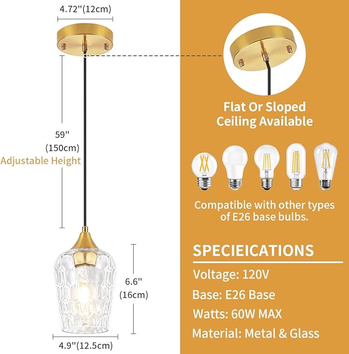 3 Pack Gold Pendant Lights Kitchen Island, Modern Hammered Glass Pendant Lighting Over Island, Hanging Kitchen Light Fixtures Over Sink Adjustable Mini Pendant Light for Bathroom Hallway Dining Room