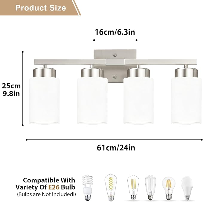 IZORRO Modern Bathroom Light Fixtures, 4 Light Brushed Nickel Vanity Lights, Bathroom Lighting Fixtures Over Mirror with White Glass for Living Room Cabinet Bedroom