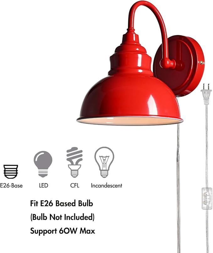 Mini Gooseneck Wall Sconce, 2-Way Mount with Switch, Red | Flexible Gooseneck, Plug-in & Hardwired Dual Installation, On/Off Switch Included, Fits Bedroom, Corridor, Porch