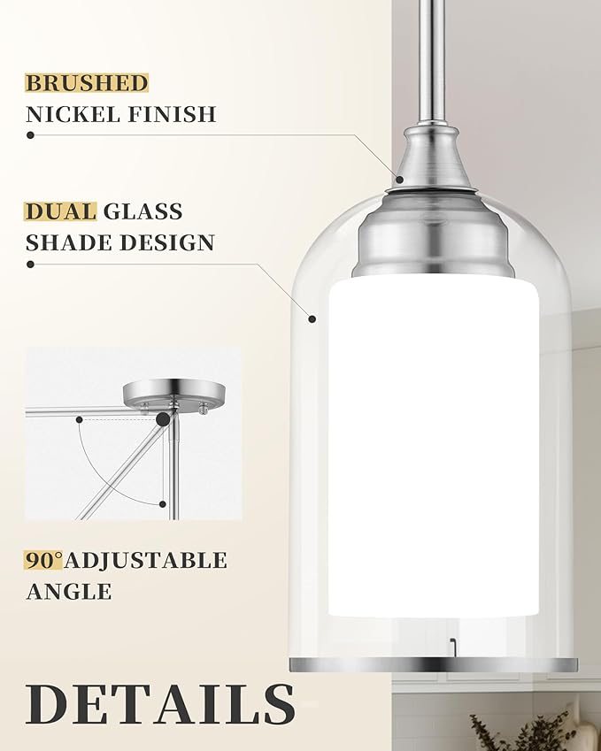 LIROUVET Modern Pendant Lights - Dual Glass Pendant Lights Kitchen Island, Brushed Nickel Hanging Lamp with Clear and Milk Glass, 1=Light Pendant Lighting for Kitchen, Dining Room, PL02BN
