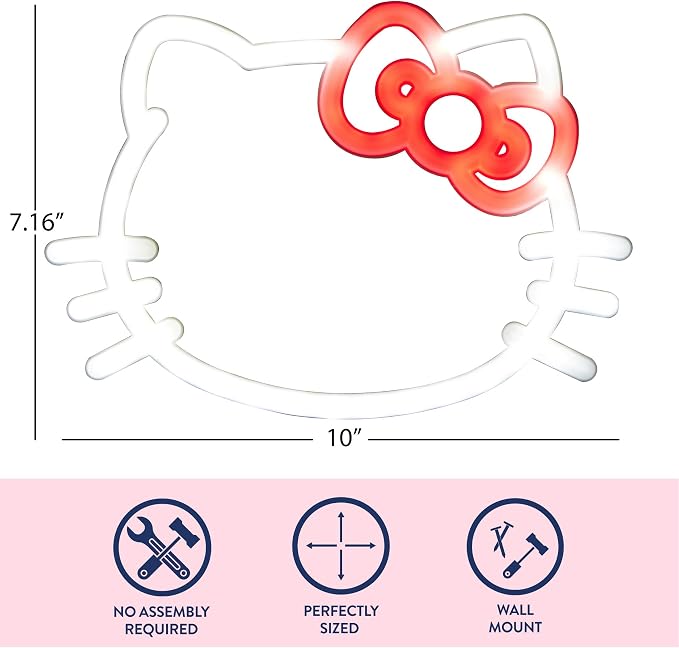 Hello Kitty LED Neon Wall Light,Figural Light-Up Wall Hanging Décor,Battery Operated,Cute Night Light for Kids Bedrooms