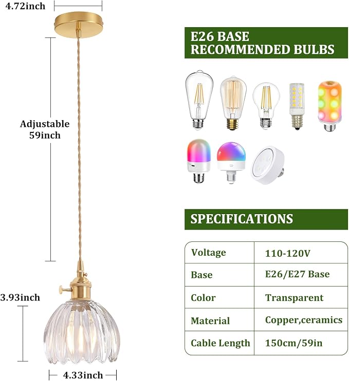 Shenmoyl Pendant Light with Clear Tulip Glass Lmapshade, Brass Vintage Pendant Light Adjustable Hanging Light for Kitchen Island Dining Room Hallway