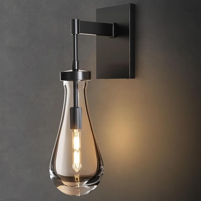 Raindrop Brass Crystal Wall Sconce: Modern Black Clear Solid Bathroom Light | Luxury Indoor Light Fixtures with Bulbs, Dimmable Vanity Sconces for Bedroom Living Room Hallway Bedside Lighting