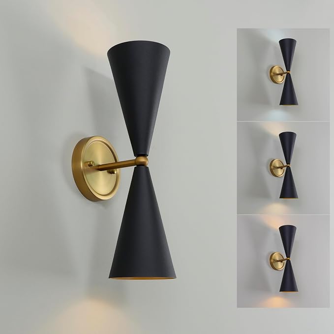 HEQIQEH Vintage Battery Operated Black and Gold Wall Sconce, Up and Down Wall Light Fixture with Remote Control Dimmable Cordless Wall Lamp for Indoor Bedroom, Living Room, Restroom Stairs(1-Pack)