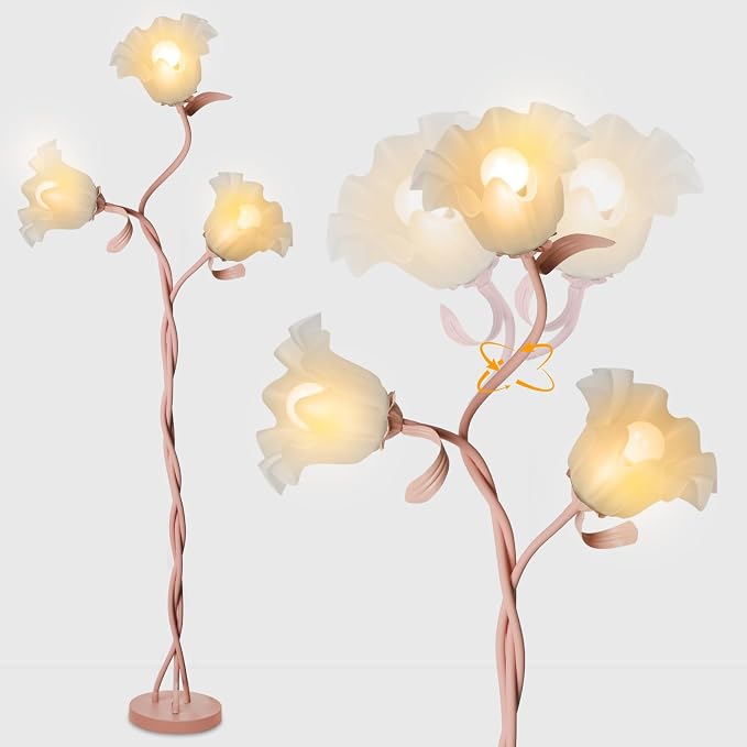 Flower Floor Lamp for Living Room, Tall Standing Reading Lamp with Flexible Neck Shaft for Bedroom Decor, Modern Corner Floor Lamps with 3-Color Temperatures LED Bulb (Pink)