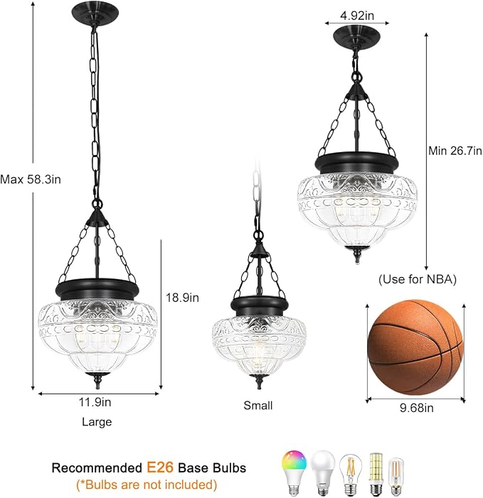 3-Light Matte Black Pendant Lights with 12In Floral Glass, Penant Lighting Fixture with Adjustable Chain, Vintage Pendant Lights Kitchen Island, Hanging Light Fixtures for Dining Room Entryway, E26*3