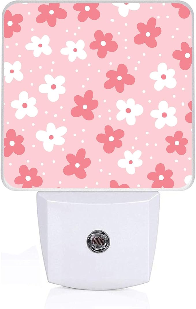 White Pink Flower Night Light, Plug-into Wall Boho Flower Floral Nightlight Lamp with Dusk to Dawn Sensor, Led Lamp 0.5W Energy Efficient for Boys Girls Adults Home Decor