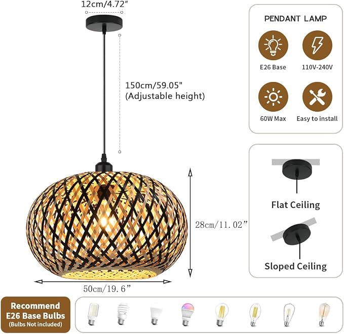 19.6“ Large Bamboo Pendant Light Fixtures Black Rattan for Kitchen | Boho Chandelier Hand Woven Wicke Ceiling Hanging Light, 59.5 Adjustable, Rustic Farmhouse for Stairway Dining Room Foyer