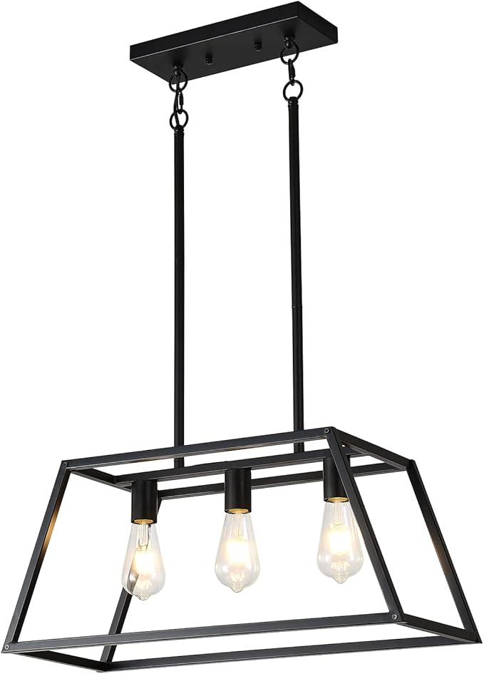 Kitchen Lighting Fixtures Ceiling Hanging Modern Linear Hanging Matte Black 3-Light Industrial Pendant Lighting for Kitchen Island