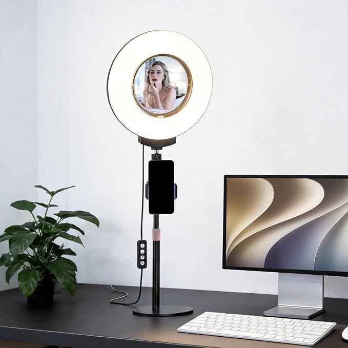 Desk Ring Light with Stand,and HD Makeup Mirror for Zoom Lighting | 10W,30 Light Modes Makeup selfie light and Phone Holder,for Live Streaming,Makeup,Video ,Zoom call,Vlogging,TikTok,CRI 95+