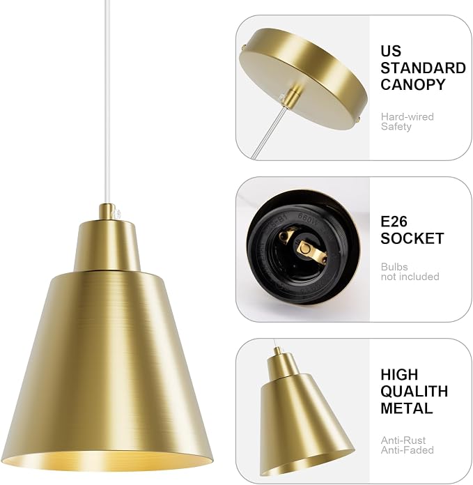 Industrial Pendant Lights, Brass Pendant Light Fixtures, Vintage Kitchen Island Lights with Metal Shade, Farmhouse Pendant Lights for Dinning Table Bedroom Bar - Brass, 3 Packs
