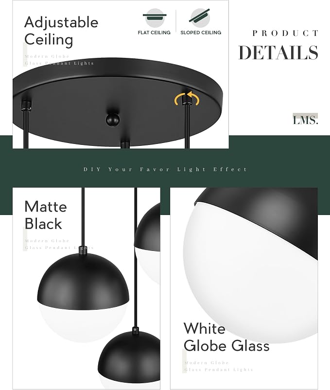 Mid Century 3-Light Cluster Pendant Lights, Matte Black Kitchen Island Light Fixtures with White Globe Glass Shade, Adjustable Hanging Light for Home Office Bathroom Dining Room, LMS-186BK3