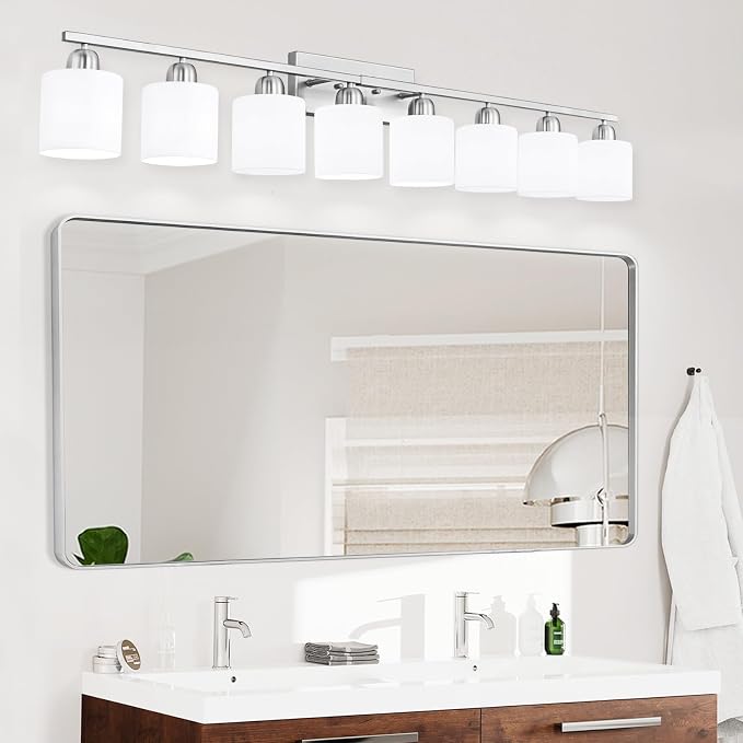 Brushed Nickel Bathrooms Lights for Huge Mirror, 8 Light Anti-Rust Finish with Milky White Frosted Glass Shades, 51 Inch Above Mirror Lights for Bathroom, E26