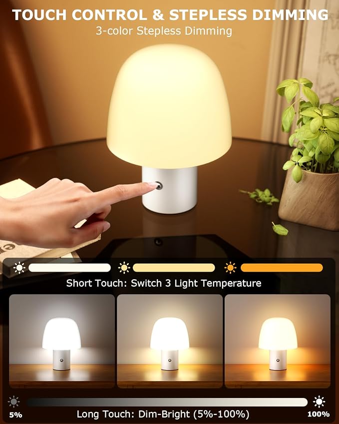 CHLORANTHUS Portable LED Table Lamp, Cordless Desk Lamp Rechargeable, 3-Color Touch Stepless Dimming Night Light for Bedroom/Children's Room/Terrace/Dining Room/Cafe (White)
