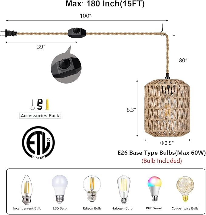 Plug in Pendant Light with 6W LED Bulb Warm Light(3000K) Dimmable Switch Cute Rattan Hanging Lamp Cord 15ft Hand Woven Plug in Chandelier Boho Hanging Lights Fixture for Bedroom Kitchen