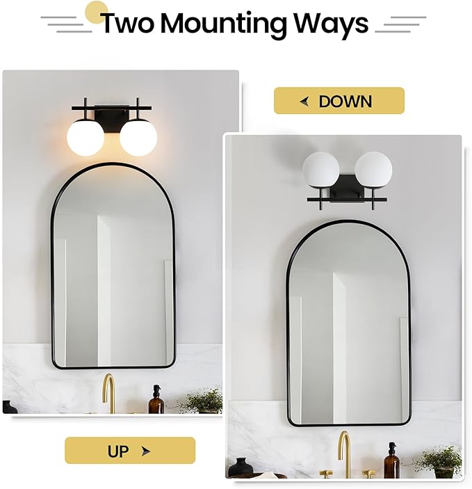 Black Bathroom Light Fixture Over Mirror, 2-Lights Vanity Lights with Milky White Frosted Glass Shade Mid Century Farmhouse Light Fixtures for Bathroom Above Mirror (Exclude E26 Bulb)