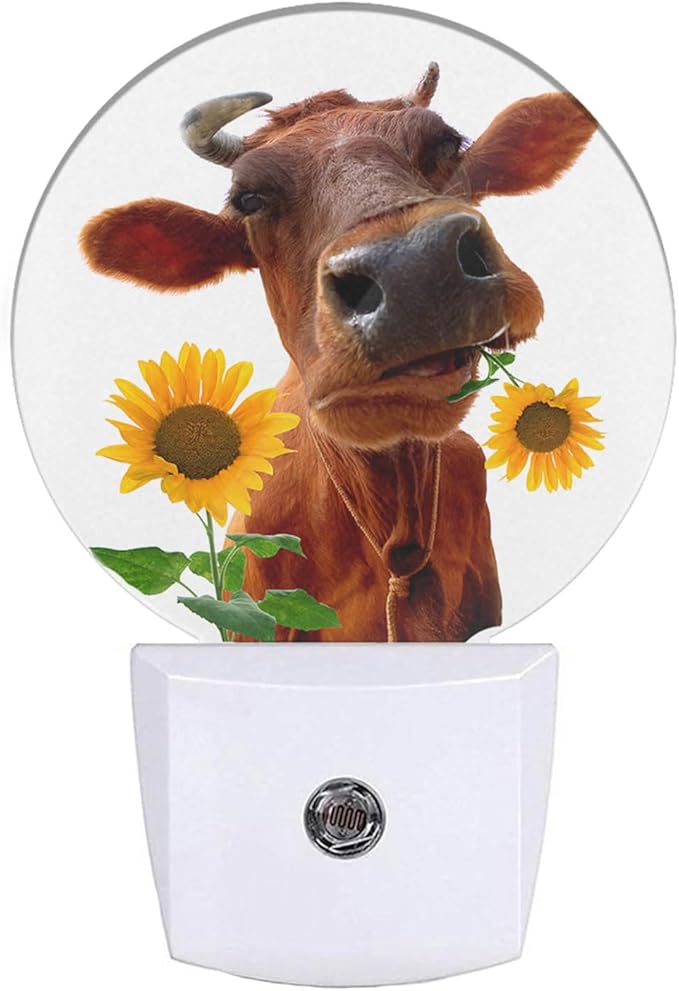 EKOBLA Yellow Cattle LED Night Light Cute Farm Animal Cattle Bite Sunflower Dusk to Dawn Plug-in Nightlights Auto Sensor for Home Indoor Bathroom Hallway Kitchen