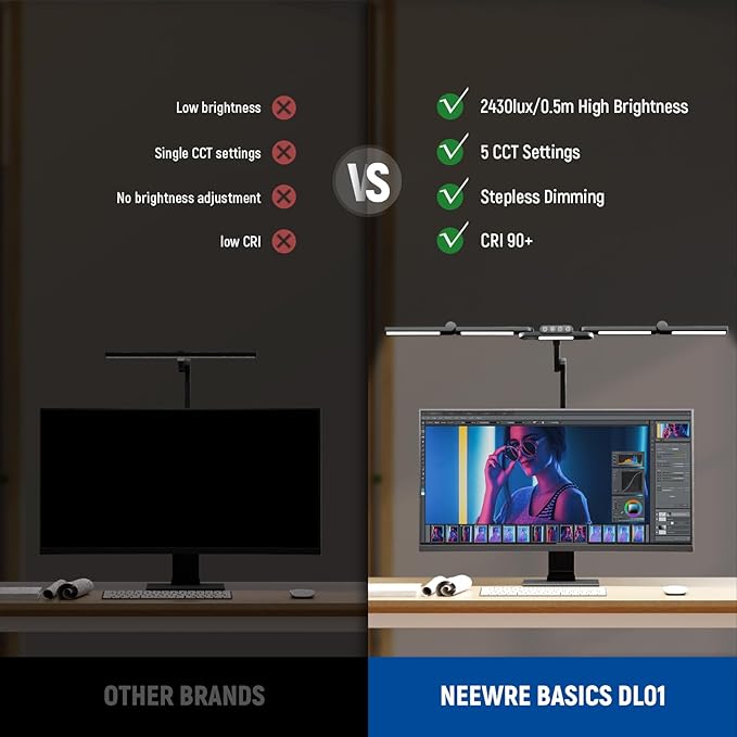 NEEWER Basics 32.5" Clip On Desktop LED Light for Home Office, 23W LED Dimmable Architect Lamp with Table Desk Clamp, 5 Light Bars, Computer Drafting Video Conference Atmosphere Lighting, DL01