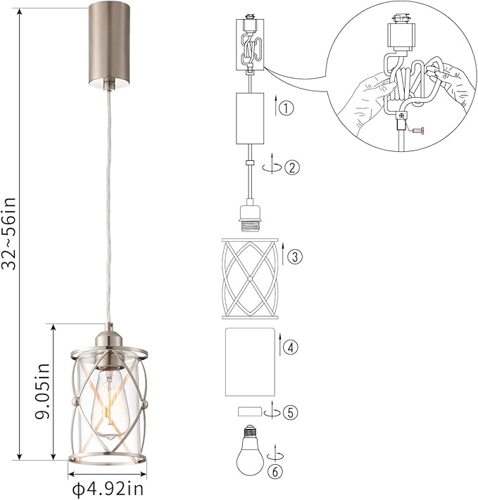 mirrea H-Type Brushed Nickel Track Lighting Pendant with Dotted Cage Clear Glass, Adjustable Hanging Light, E26 Socket, Pack of 3
