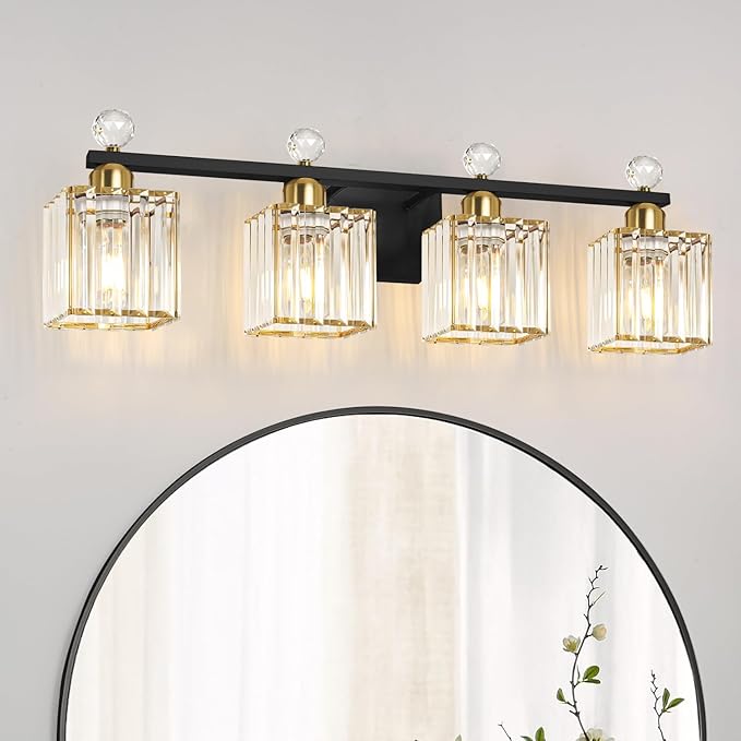 Bathroom Vanity Lights Over Mirror - Easy Installation with Clear Guide, 4-Light Shadow-Free Design, Black and Gold Crystal Finish - for Modern Home Bathroom Lighting Fixtures in DIY Projects