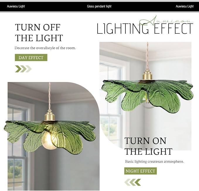 15.7" Green Glass Floral Ceiling Pendant Light Mid Century Large Hanging Light Gold Adjustable Cord Single Pendant for Kitchen Living Room Dining Table, Flower Petal Lighting