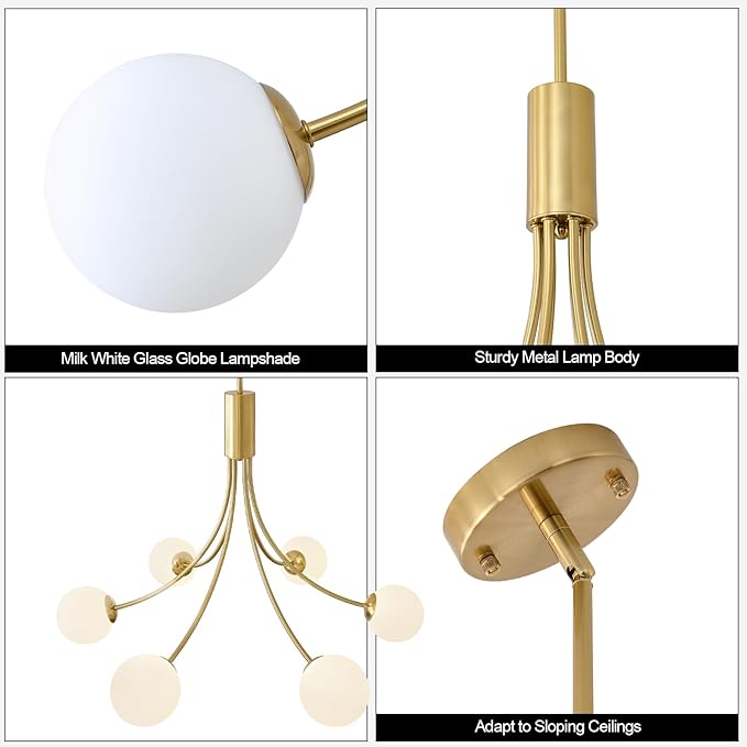 Modern Mid Century Gold Chandeliers, 6-Light Glass Globe Chandeliers Hanging Sputnik Chandelier Light Fixtures for Dining Room Living Room Bedroom Kitchen Island Foyer