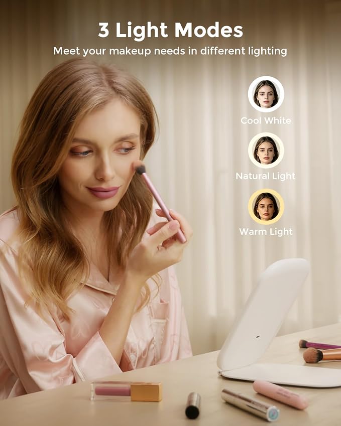 NEZZOE Rechargeable Travel Makeup Mirror with LED Light, 7x5 Inch | Portable Lighted Makeup Mirror, 3 Lighting Modes, Dimmable Touch Control, Foldable Compact Vanity Mirror
