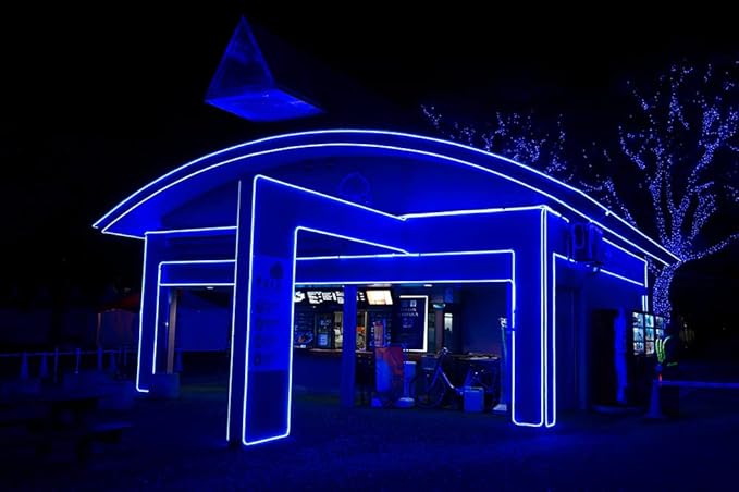 SURNIE 50ft LED Neon Rope Lights - 110V Flex Blue Neon Light Outdoor Waterproof - DIY Neon Strip Lights for Bedroom, Flexible Cuttable Connectable Indoor Outdoor, Commercial Building Use