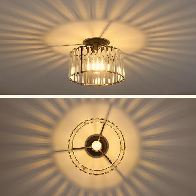 Crystal Ceiling Light Fixture, Modern Semi Flush Mount Ceiling Light, Black Close To Ceiling Light Fixtures, Crystal Chandelier Entryway Light, 11in Chandelier for Bedroom Porch Kitchen Living Room