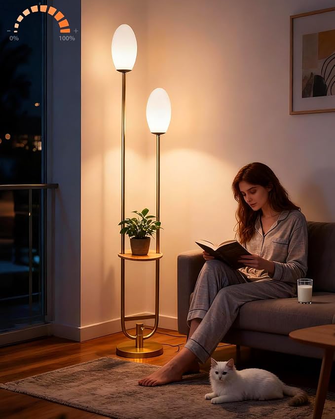 Lightdot Gold Dimmable Floor Lamp with Oval Bulbs Included Unique Tall Standing Lamps with Table Mid Century Modern Floor Lamp with 5Lbs Heavy Base for Living Room/Party/Sofa Beside/Corner Decor