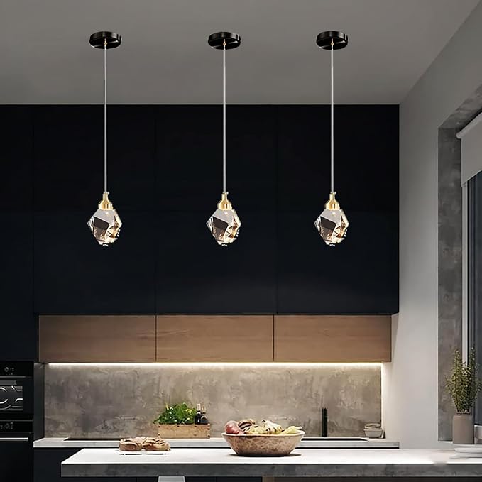 Modern Crystal Pendant Light, 3-Color LED Crystal Pendant Light, Adjustable Height Gold Ceiling Hanging Pendant Lamp, for Kitchen Island Bedroom Dining Room (Black)